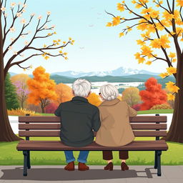 An illustration of an elderly couple sitting on a park bench, gazing thoughtfully at the horizon