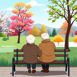 An illustration of an elderly couple sitting on a park bench, gazing thoughtfully at the horizon