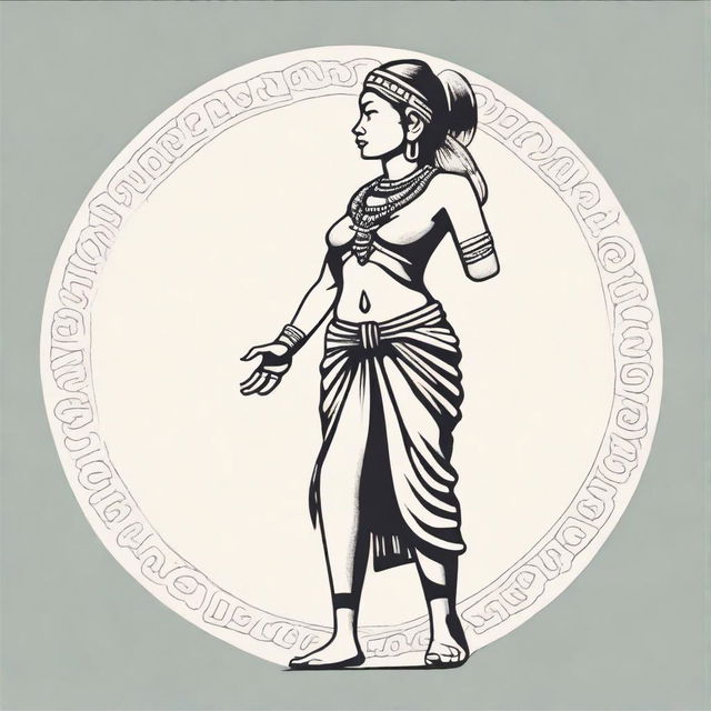 A full drawing of a Maya woman standing in profile, raising her arms upwards, isolated with nothing around her.