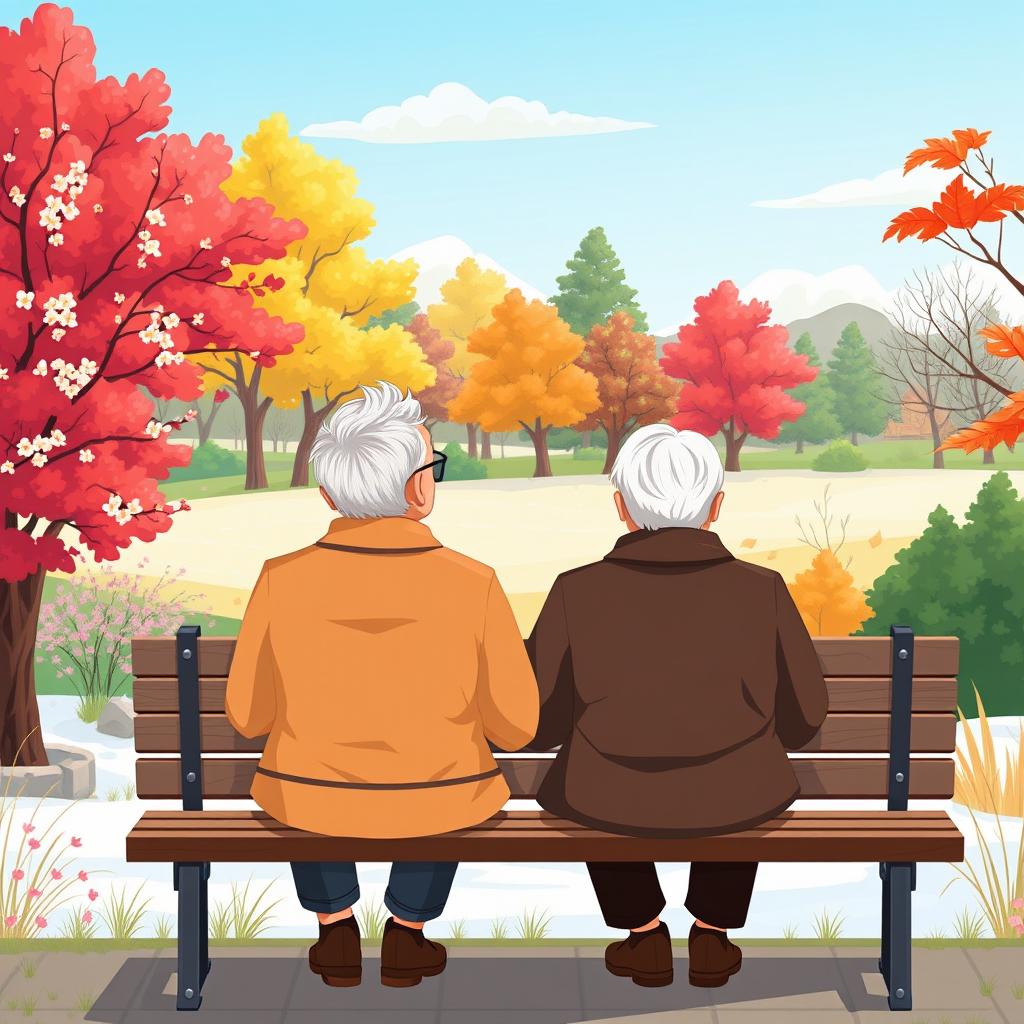 An illustration of an elderly couple sitting on a park bench, gazing thoughtfully at the horizon