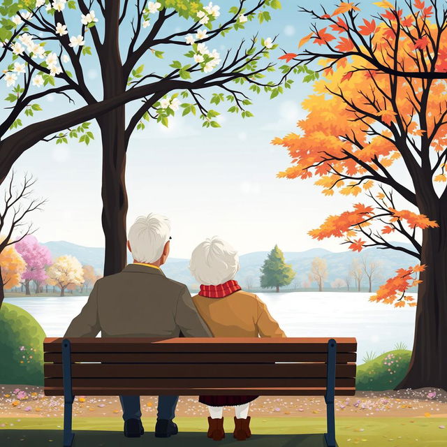 An illustration of an elderly couple sitting on a park bench, gazing thoughtfully at the horizon