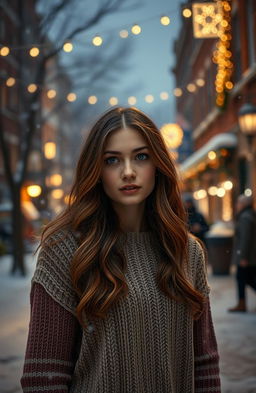 A scene capturing the emotional essence of winter romance, set in a cozy college town during Christmas