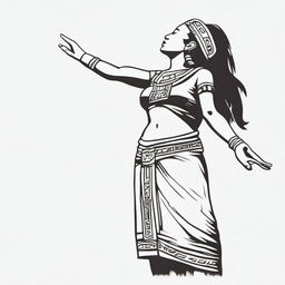 A full drawing of a Maya woman standing in profile, raising her arms upwards, isolated with nothing around her.