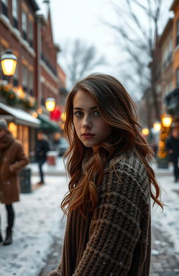 A scene capturing the emotional essence of winter romance, set in a cozy college town during Christmas