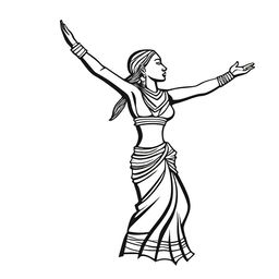 A full drawing of a Maya woman standing in profile, raising her arms upwards, isolated with nothing around her.