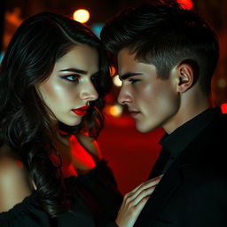 A dark romance scene featuring two teenagers locked in a passionate yet hateful gaze
