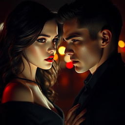 A dark romance scene featuring two teenagers locked in a passionate yet hateful gaze