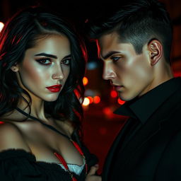 A dark romance scene featuring two teenagers locked in a passionate yet hateful gaze