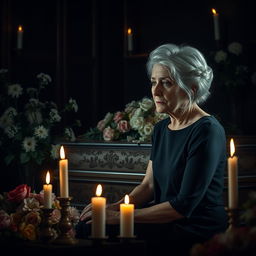 An emotional scene depicting an elderly lady sitting in front of a beautifully ornate coffin