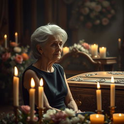 An emotional scene depicting an elderly lady sitting in front of a beautifully ornate coffin