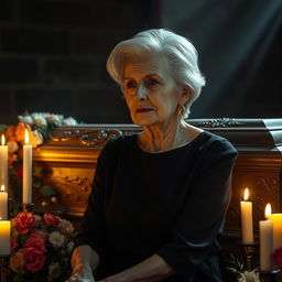 An emotional scene depicting an elderly lady sitting in front of a beautifully ornate coffin