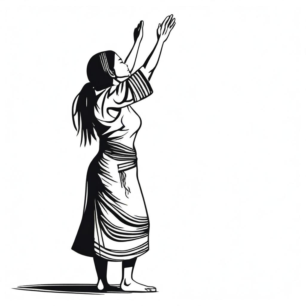 A full drawing of an indigenous woman standing in profile, raising her arms upwards, isolated with nothing around her.