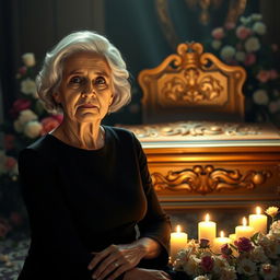 An emotional scene depicting an elderly lady sitting in front of a beautifully ornate coffin
