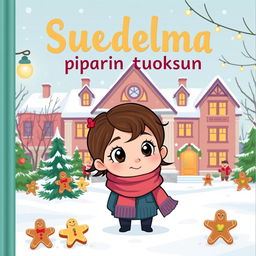A colorful, cartoon-style book cover for 'Suudelma kesken piparin tuoksun' featuring a charming winter scene
