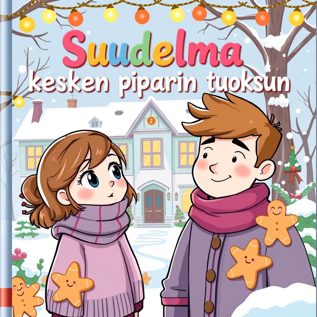 A colorful, cartoon-style book cover for 'Suudelma kesken piparin tuoksun' featuring a charming winter scene