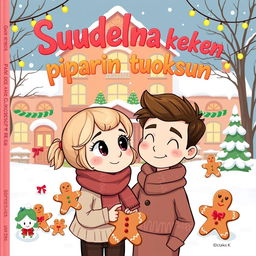A colorful, cartoon-style book cover for 'Suudelma kesken piparin tuoksun' featuring a charming winter scene