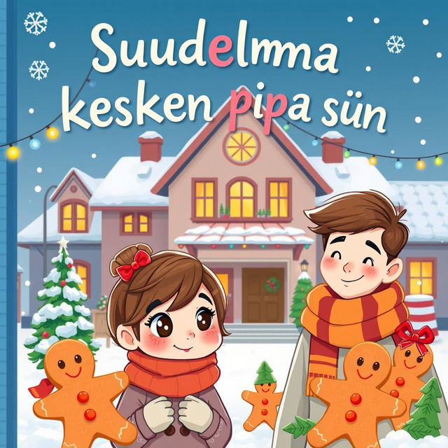 A colorful, cartoon-style book cover for 'Suudelma kesken piparin tuoksun' featuring a charming winter scene