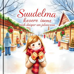 A beautiful watercolor-style book cover for 'Suudelma kesken piparin tuoksun' that conveys a warm, festive atmosphere