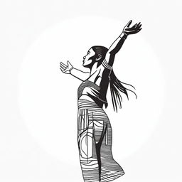 A full drawing of an indigenous woman standing in profile, raising her arms upwards, isolated with nothing around her.