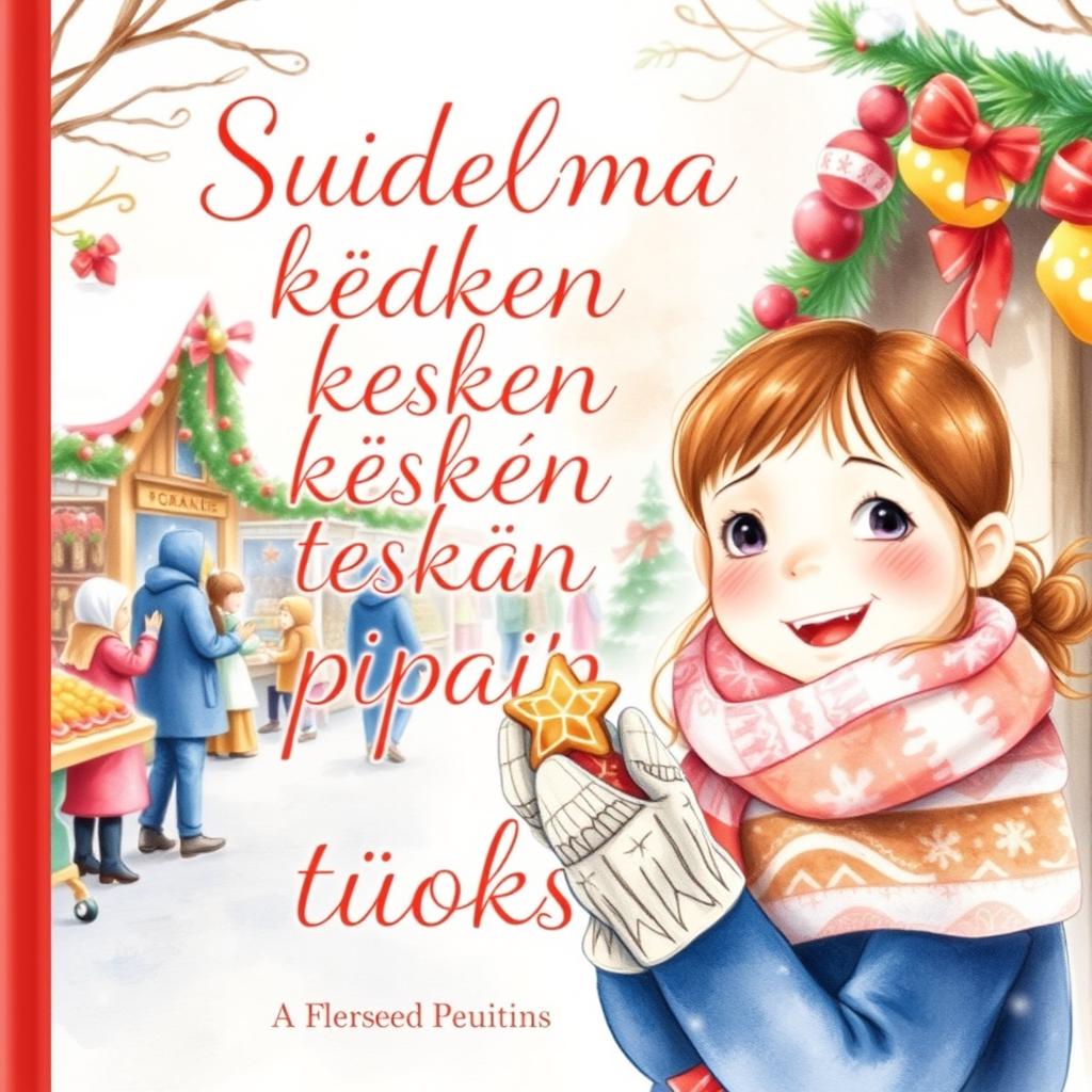 A beautiful watercolor-style book cover for 'Suudelma kesken piparin tuoksun' that conveys a warm, festive atmosphere