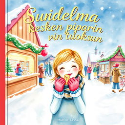 A beautiful watercolor-style book cover for 'Suudelma kesken piparin tuoksun' that conveys a warm, festive atmosphere