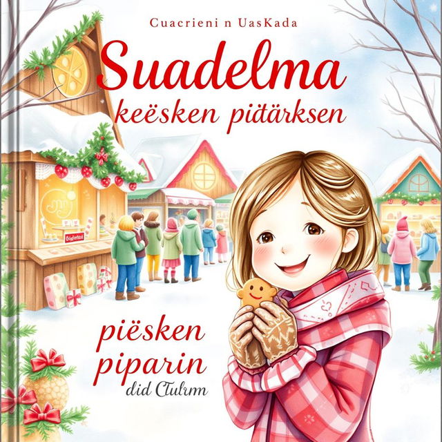 A beautiful watercolor-style book cover for 'Suudelma kesken piparin tuoksun' that conveys a warm, festive atmosphere