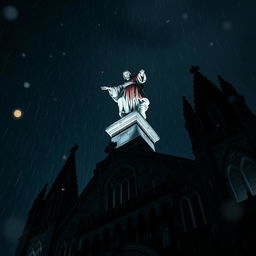 A dramatic perspective of a blood-stained statue atop a cathedral at night