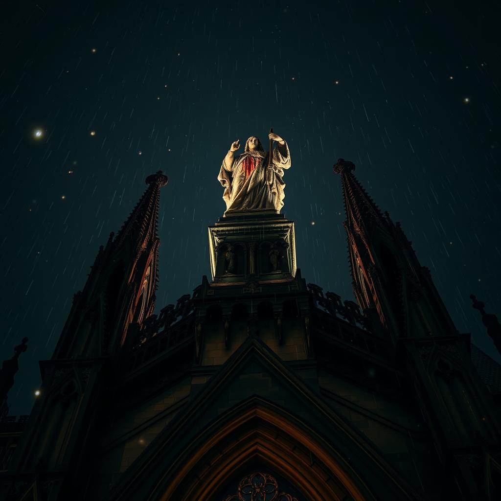 A dramatic perspective of a blood-stained statue atop a cathedral at night