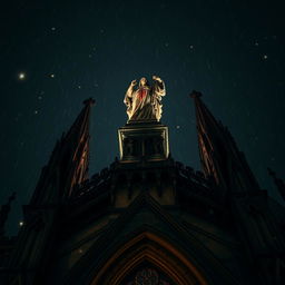 A dramatic perspective of a blood-stained statue atop a cathedral at night