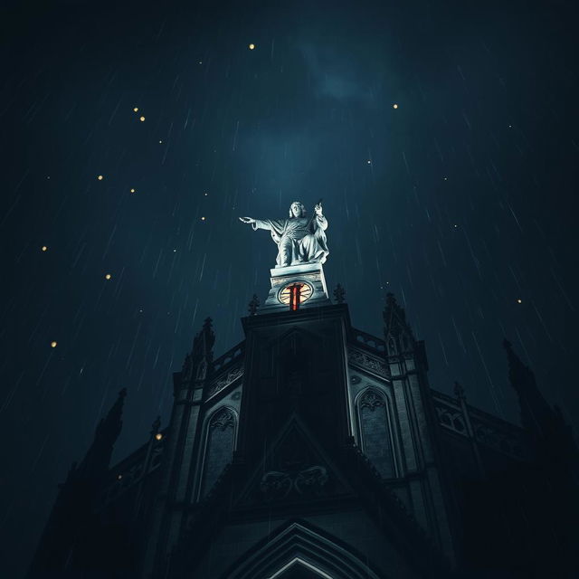 A dramatic perspective of a blood-stained statue atop a cathedral at night