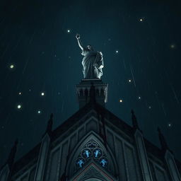 A dramatic perspective of a blood-stained statue atop a cathedral at night