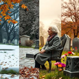 An elderly woman sitting on a chair in front of a grave in a cemetery, conveying the passage of time through the changing seasons