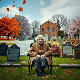 An elderly woman sitting on a chair in front of a grave in a cemetery, conveying the passage of time through the changing seasons