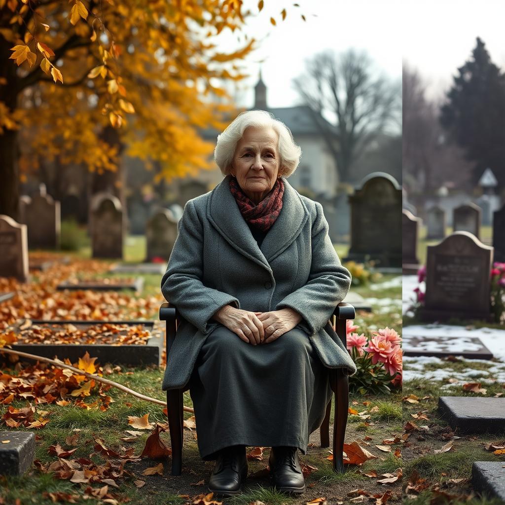 An elderly woman sitting on a chair in front of a grave in a cemetery, conveying the passage of time through the changing seasons