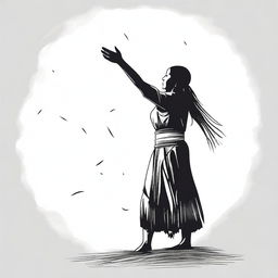 A full drawing of an indigenous woman standing in profile, raising her arms upwards, isolated with nothing around her.