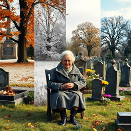 An elderly woman sitting on a chair in front of a grave in a cemetery, conveying the passage of time through the changing seasons