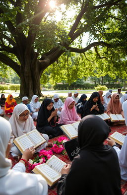 A serene and respectful scene of a gathering where people are reading Yasin, the Quranic chapter, in remembrance of those who have passed away