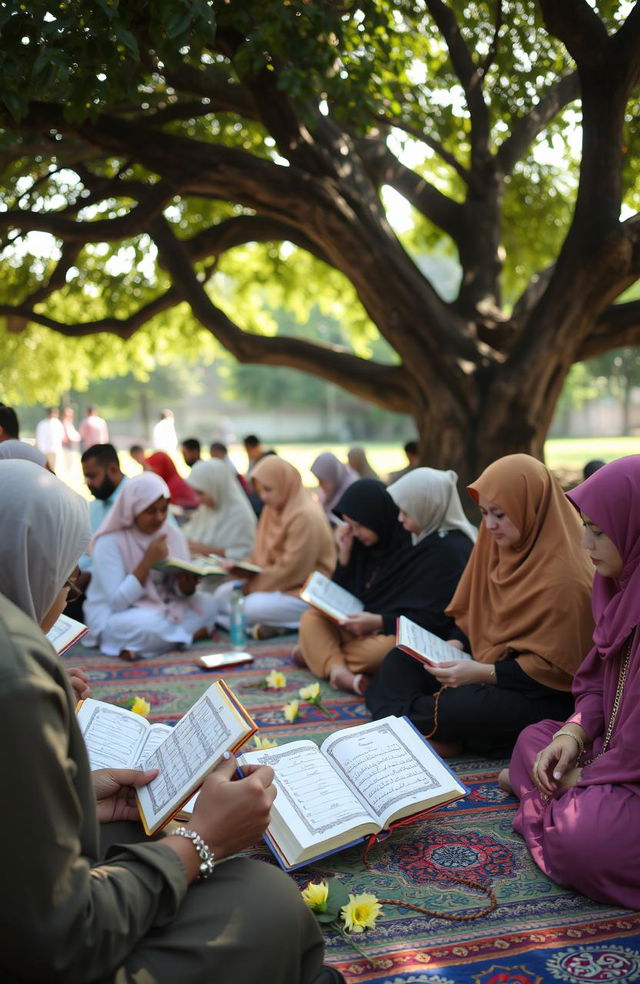 A serene and respectful scene of a gathering where people are reading Yasin, the Quranic chapter, in remembrance of those who have passed away