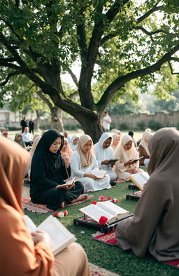 A serene and respectful scene of a gathering where people are reading Yasin, the Quranic chapter, in remembrance of those who have passed away