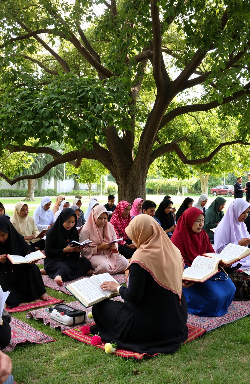 A serene and respectful scene of a gathering where people are reading Yasin, the Quranic chapter, in remembrance of those who have passed away