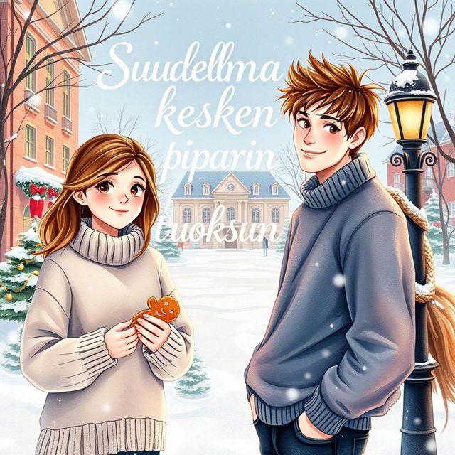 An enchanting watercolor-style book cover for 'Suudelma kesken piparin tuoksun', perfectly suited for a young adult audience