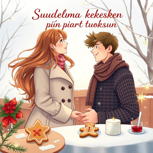 A captivating young adult-themed book cover for 'Suudelma kesken piparin tuoksun', showcasing a romantic winter scene