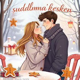 A captivating young adult-themed book cover for 'Suudelma kesken piparin tuoksun', showcasing a romantic winter scene