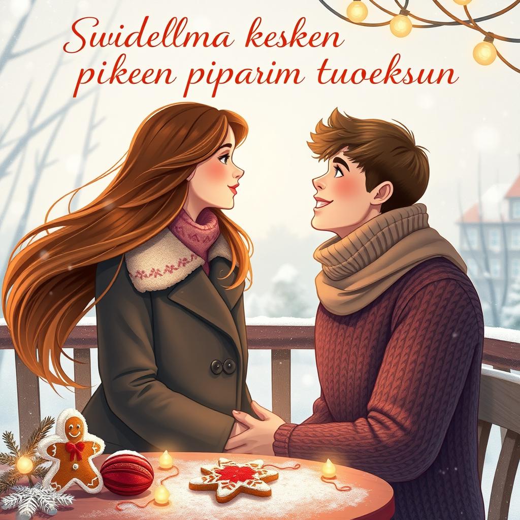 A captivating young adult-themed book cover for 'Suudelma kesken piparin tuoksun', showcasing a romantic winter scene