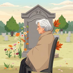An illustration of a 96-year-old lady sitting in profile in front of a tomb at a cemetery, depicted thoughtfully on a chair