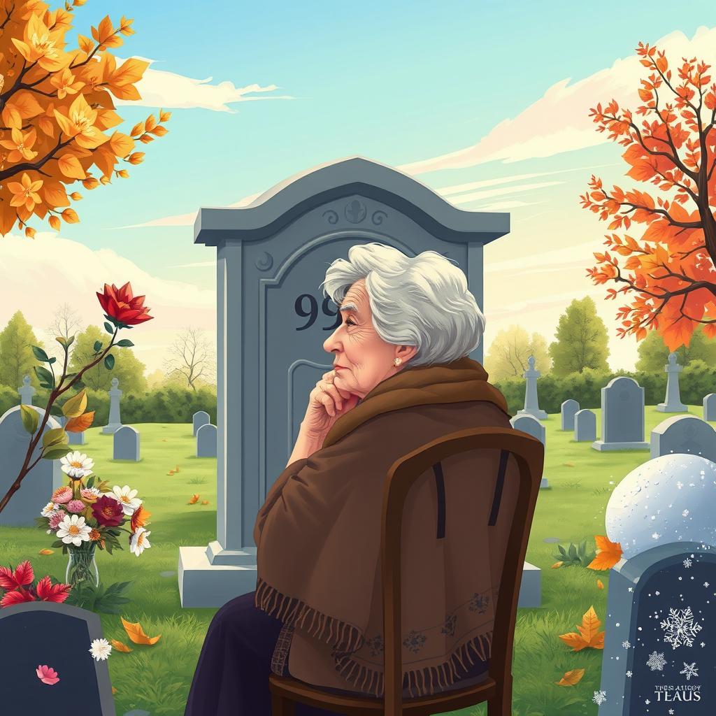 An illustration of a 96-year-old lady sitting in profile in front of a tomb at a cemetery, depicted thoughtfully on a chair