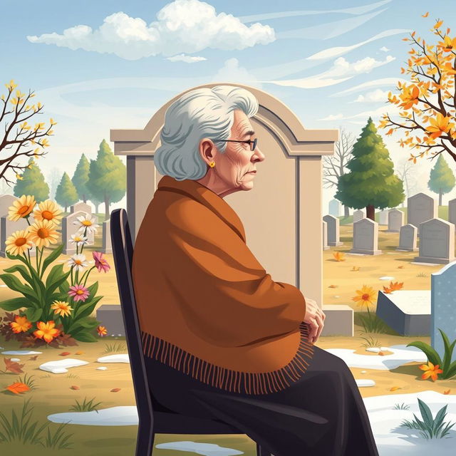 An illustration of a 96-year-old lady sitting in profile in front of a tomb at a cemetery, depicted thoughtfully on a chair