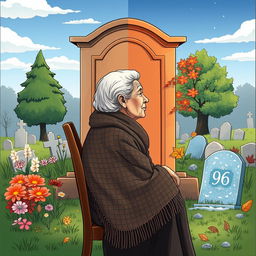 An illustration of a 96-year-old lady sitting in profile in front of a tomb at a cemetery, depicted thoughtfully on a chair