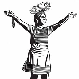 A full drawing of a Guatemalan indigenous woman standing in profile, lifting her arms upwards, isolated with nothing around her