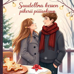 A captivating young adult-themed book cover for 'Suudelma kesken piparin tuoksun', showcasing a romantic winter scene